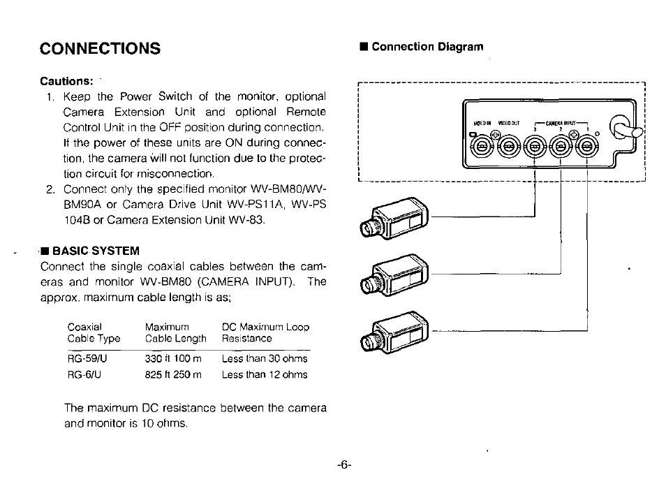 Cautions, Basic system, Connections | Panasonic WV-BP70 User Manual | Page 8 / 18