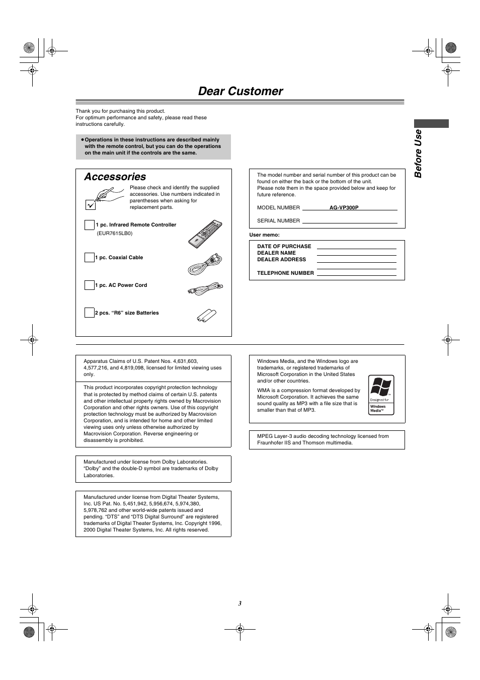 Before use, Dear customer, Accessories | Be fo re u s e | Panasonic AG-VP300P User Manual | Page 3 / 64