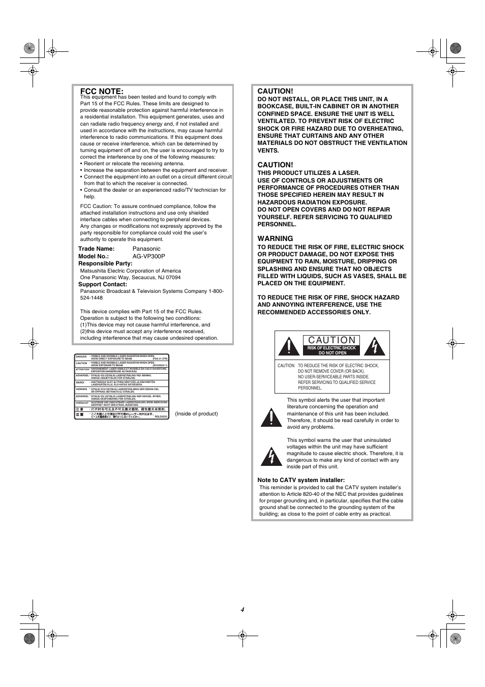 Caution, Warning | Panasonic AG-VP300P User Manual | Page 4 / 64