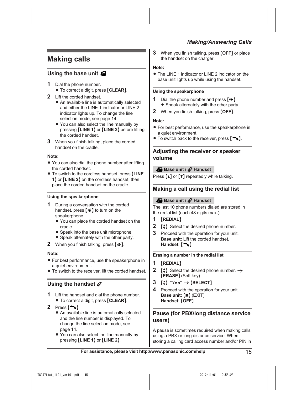 Making/answering calls, Making calls | Panasonic KX-TG9471 User Manual | Page 15 / 64