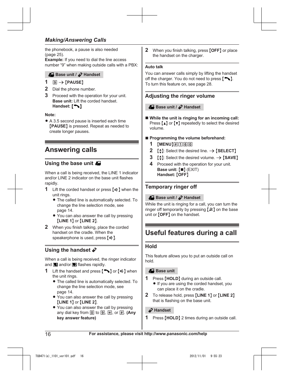 Answering calls, Useful features during a call, Answering calls useful features during a call | Panasonic KX-TG9471 User Manual | Page 16 / 64