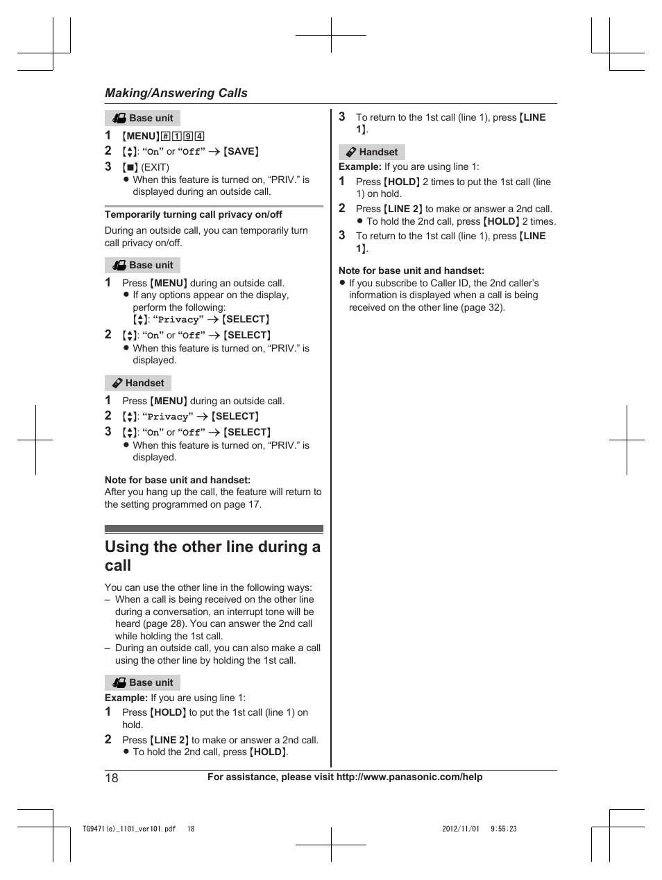 Using the other line during a call | Panasonic KX-TG9471 User Manual | Page 18 / 64