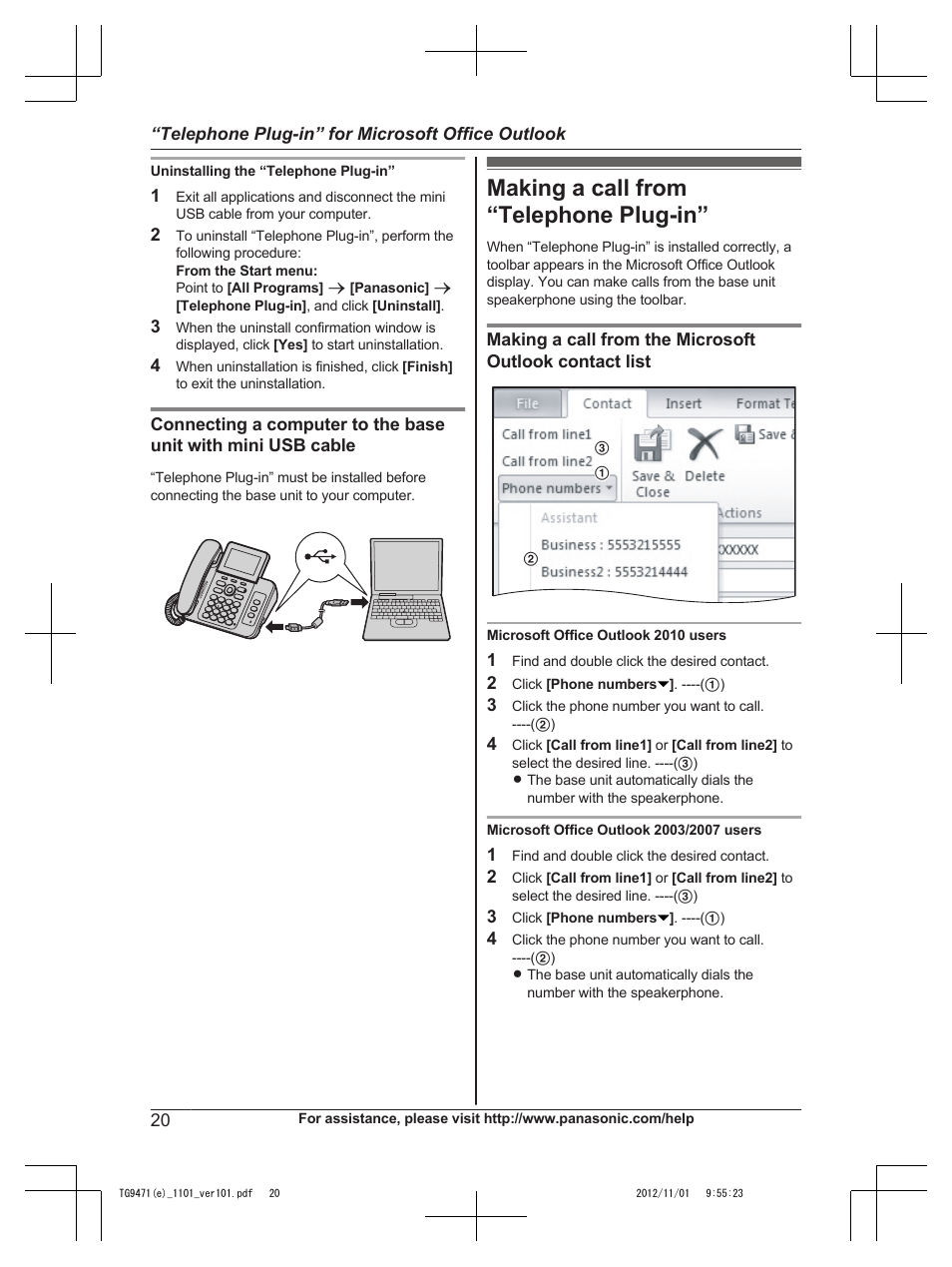 Making a call from “telephone plug-in | Panasonic KX-TG9471 User Manual | Page 20 / 64
