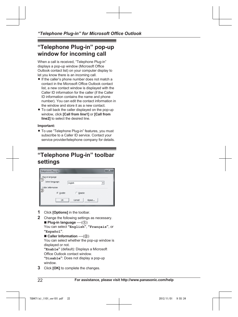 Telephone plug-in” pop-up window for incoming call, Telephone plug-in” toolbar settings | Panasonic KX-TG9471 User Manual | Page 22 / 64