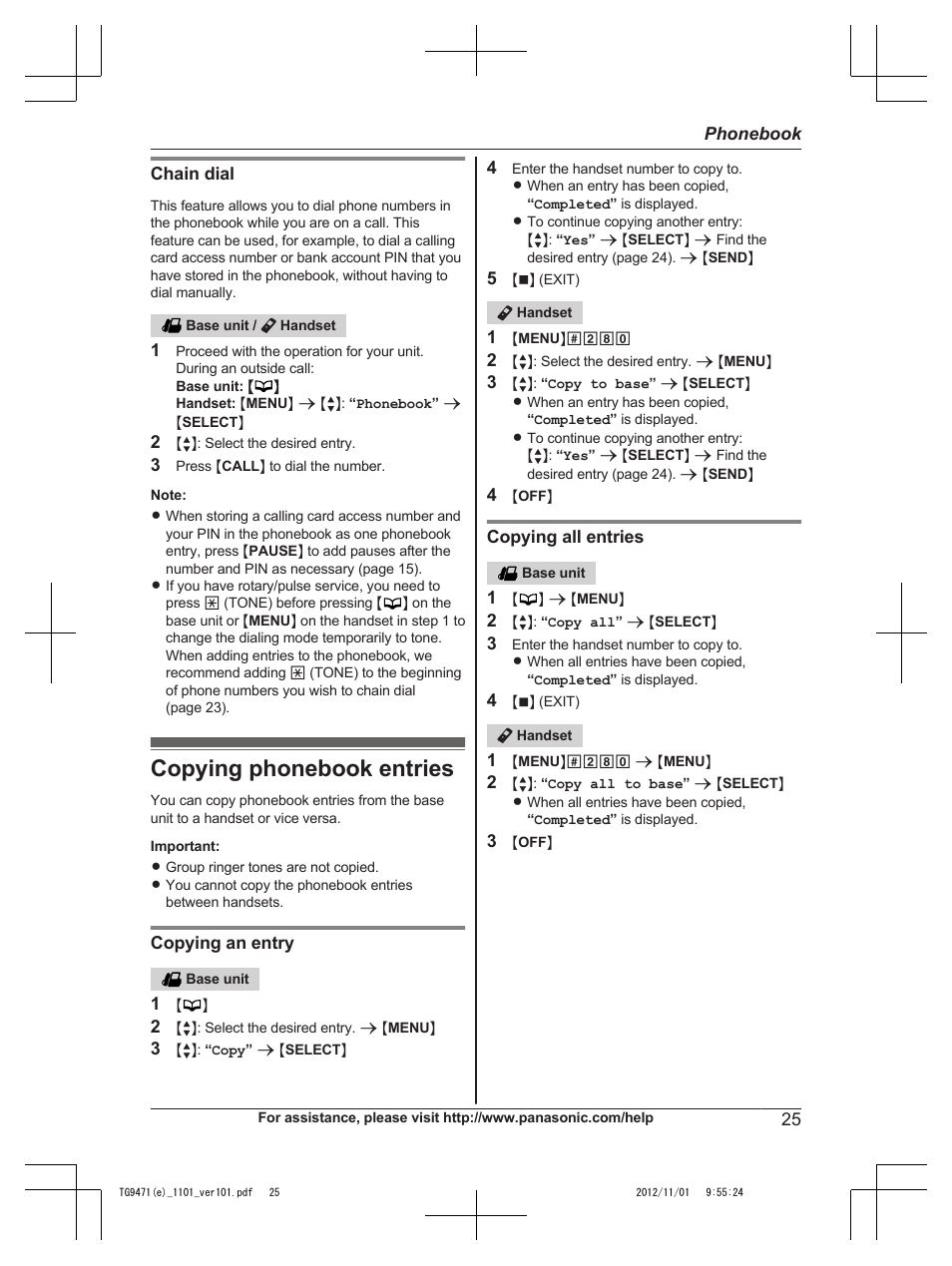 Copying phonebook entries | Panasonic KX-TG9471 User Manual | Page 25 / 64