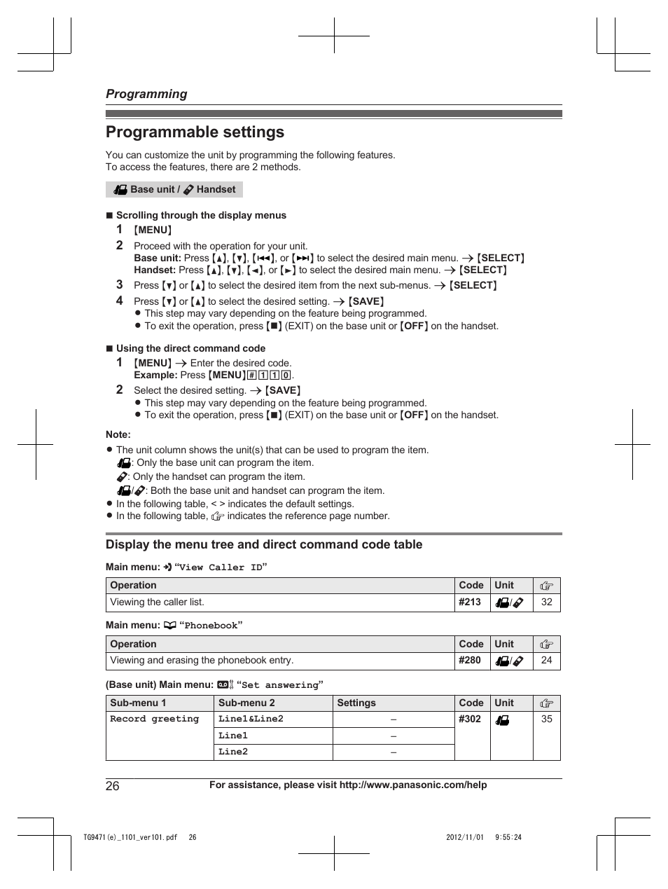 Programming, Programmable settings | Panasonic KX-TG9471 User Manual | Page 26 / 64