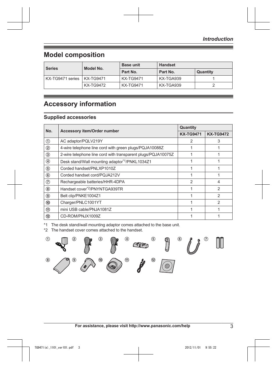 Introduction, Model composition, Accessory information | Model composition accessory information | Panasonic KX-TG9471 User Manual | Page 3 / 64