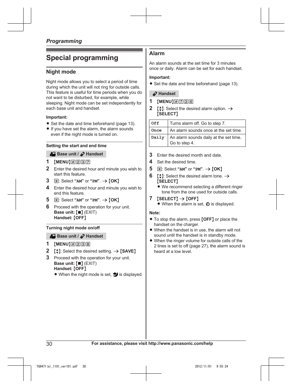 Special programming | Panasonic KX-TG9471 User Manual | Page 30 / 64