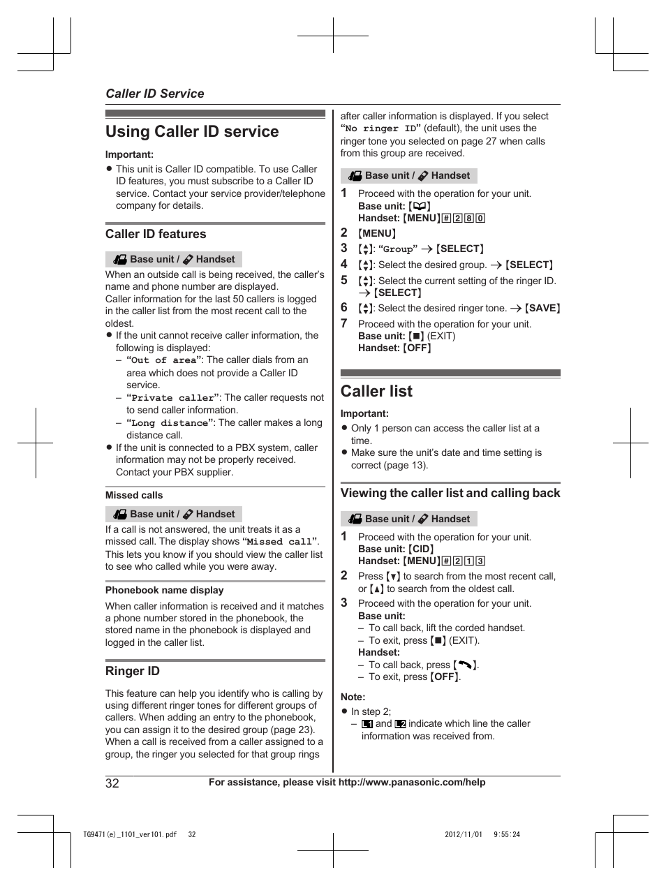 Caller id service, Using caller id service, Caller list | Using caller id service caller list | Panasonic KX-TG9471 User Manual | Page 32 / 64