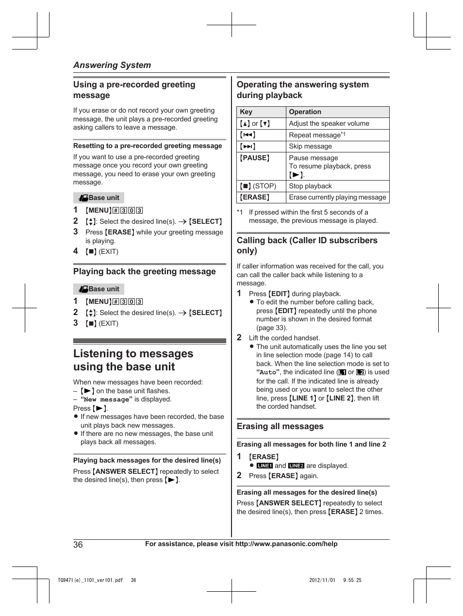 Listening to messages using the base unit | Panasonic KX-TG9471 User Manual | Page 36 / 64