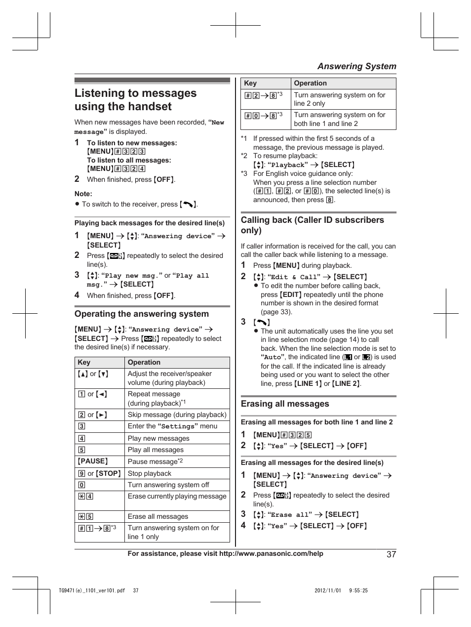 Listening to messages using the handset | Panasonic KX-TG9471 User Manual | Page 37 / 64