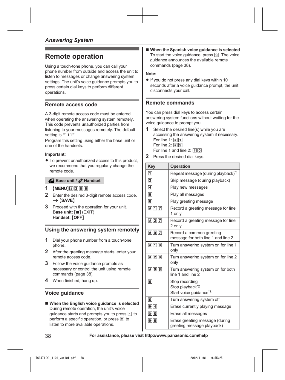 Remote operation | Panasonic KX-TG9471 User Manual | Page 38 / 64