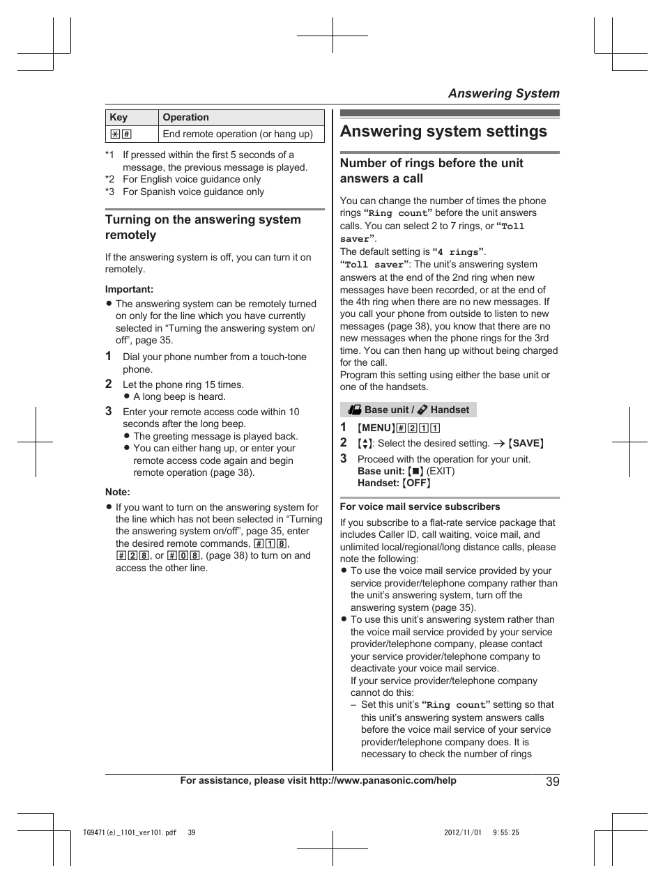 Answering system settings | Panasonic KX-TG9471 User Manual | Page 39 / 64