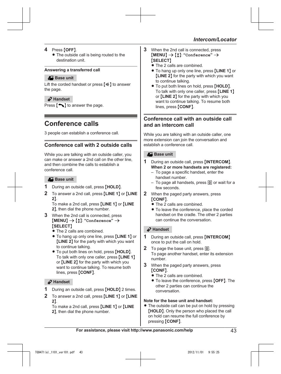 Conference calls | Panasonic KX-TG9471 User Manual | Page 43 / 64