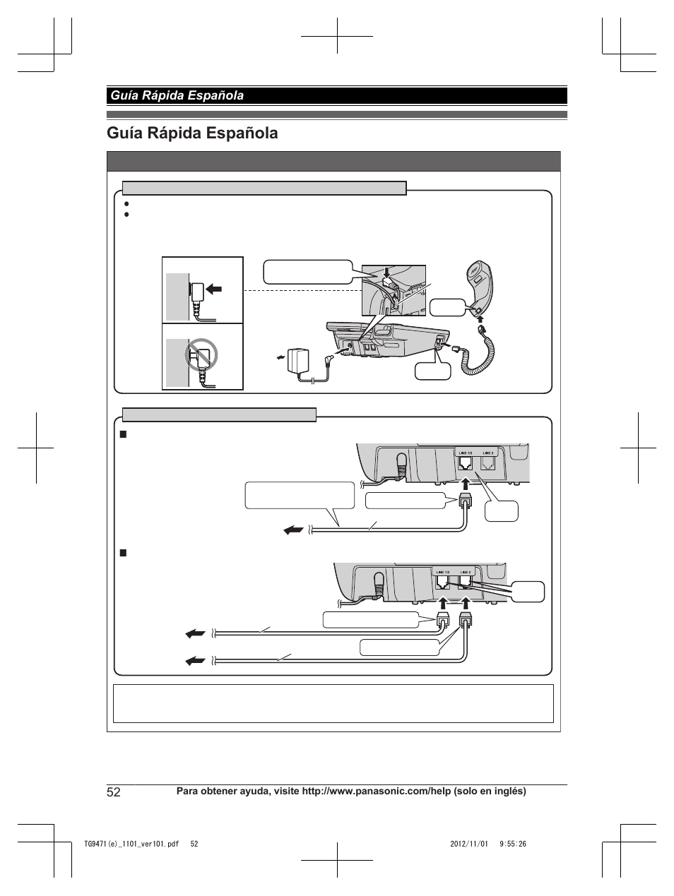 Guía rápida española, Instalación | Panasonic KX-TG9471 User Manual | Page 52 / 64