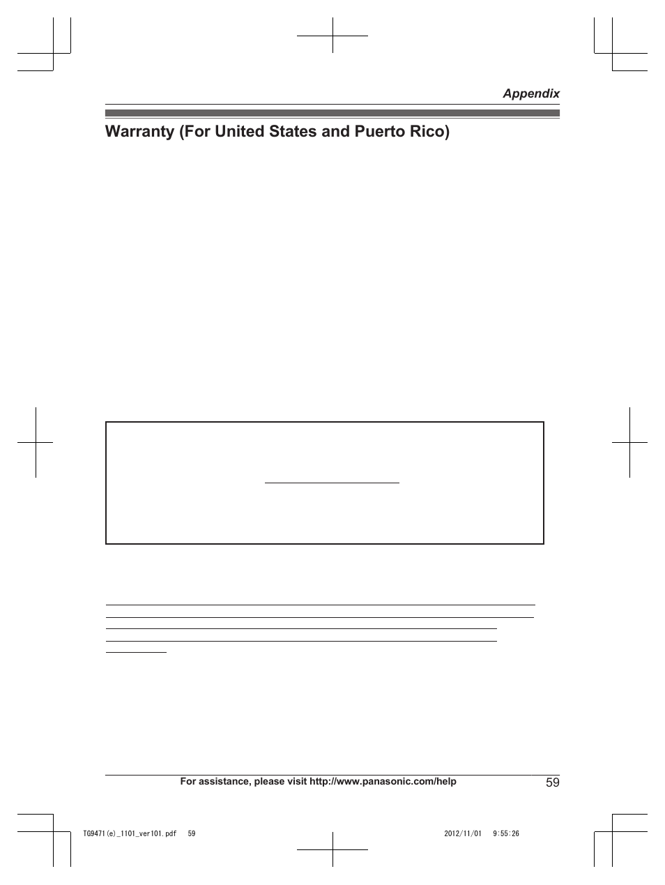 Warranty (for united states and puerto rico), Panasonic telephone products limited warranty | Panasonic KX-TG9471 User Manual | Page 59 / 64
