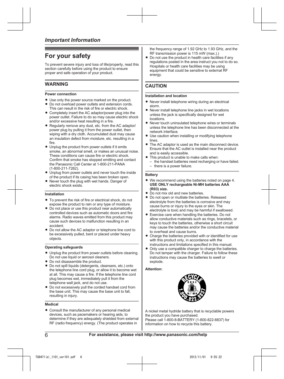 Important information, For your safety, Warning | Caution | Panasonic KX-TG9471 User Manual | Page 6 / 64