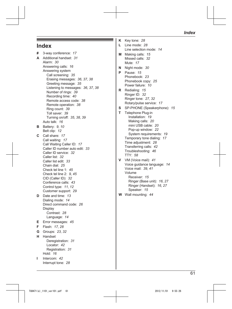 Index | Panasonic KX-TG9471 User Manual | Page 61 / 64