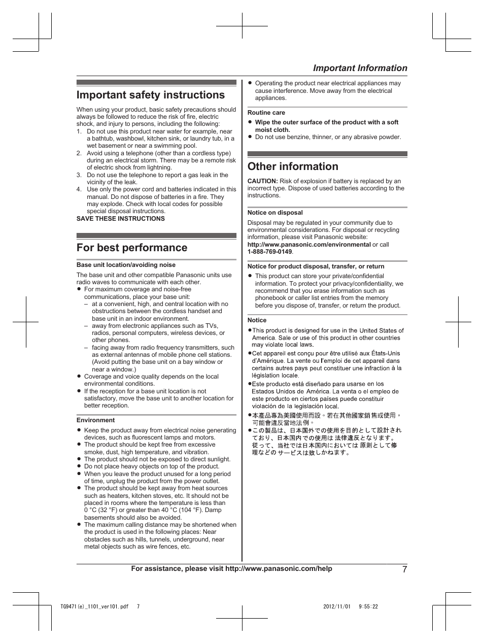 Important safety instructions, For best performance, Other information | 7important information | Panasonic KX-TG9471 User Manual | Page 7 / 64