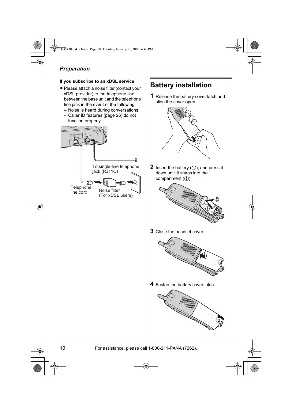 Battery installation | Panasonic KX-TG5438 User Manual | Page 10 / 72