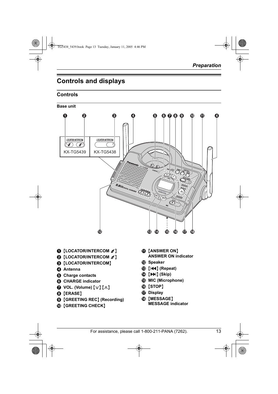 Controls and displays, Preparation, Controls | Panasonic KX-TG5438 User Manual | Page 13 / 72