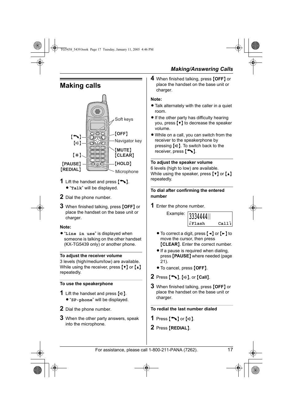 Making / answering calls, Making calls | Panasonic KX-TG5438 User Manual | Page 17 / 72