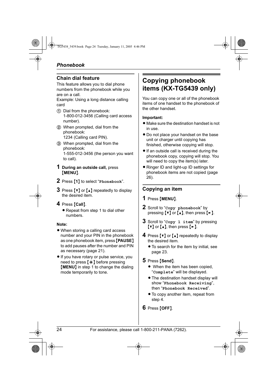 Copying phonebook items (kx-tg5439 only) | Panasonic KX-TG5438 User Manual | Page 24 / 72