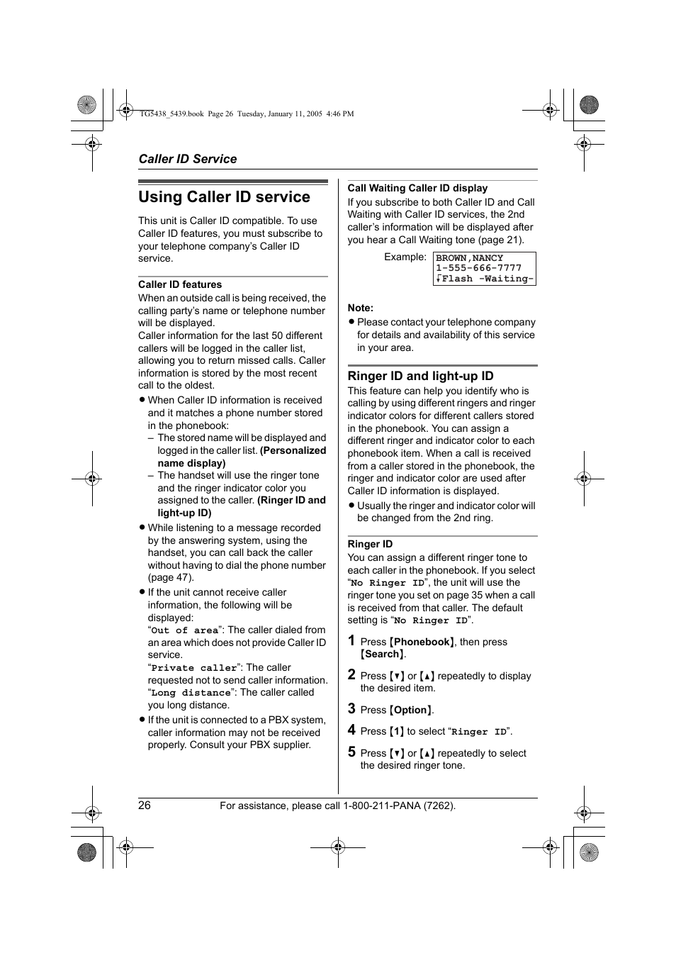 Caller id service, Using caller id service | Panasonic KX-TG5438 User Manual | Page 26 / 72