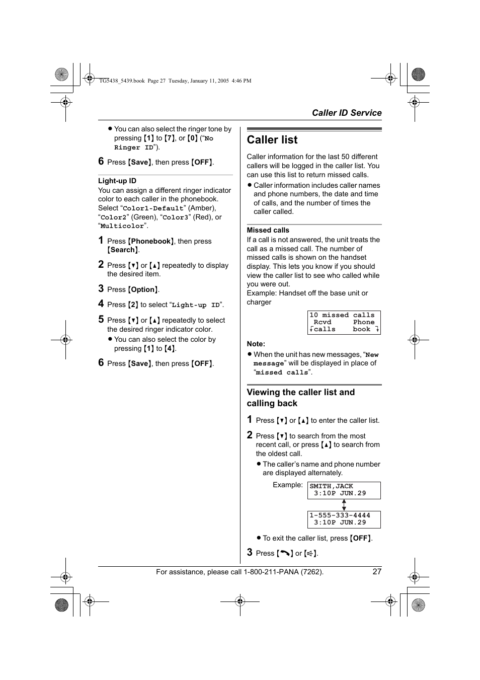 Caller list | Panasonic KX-TG5438 User Manual | Page 27 / 72