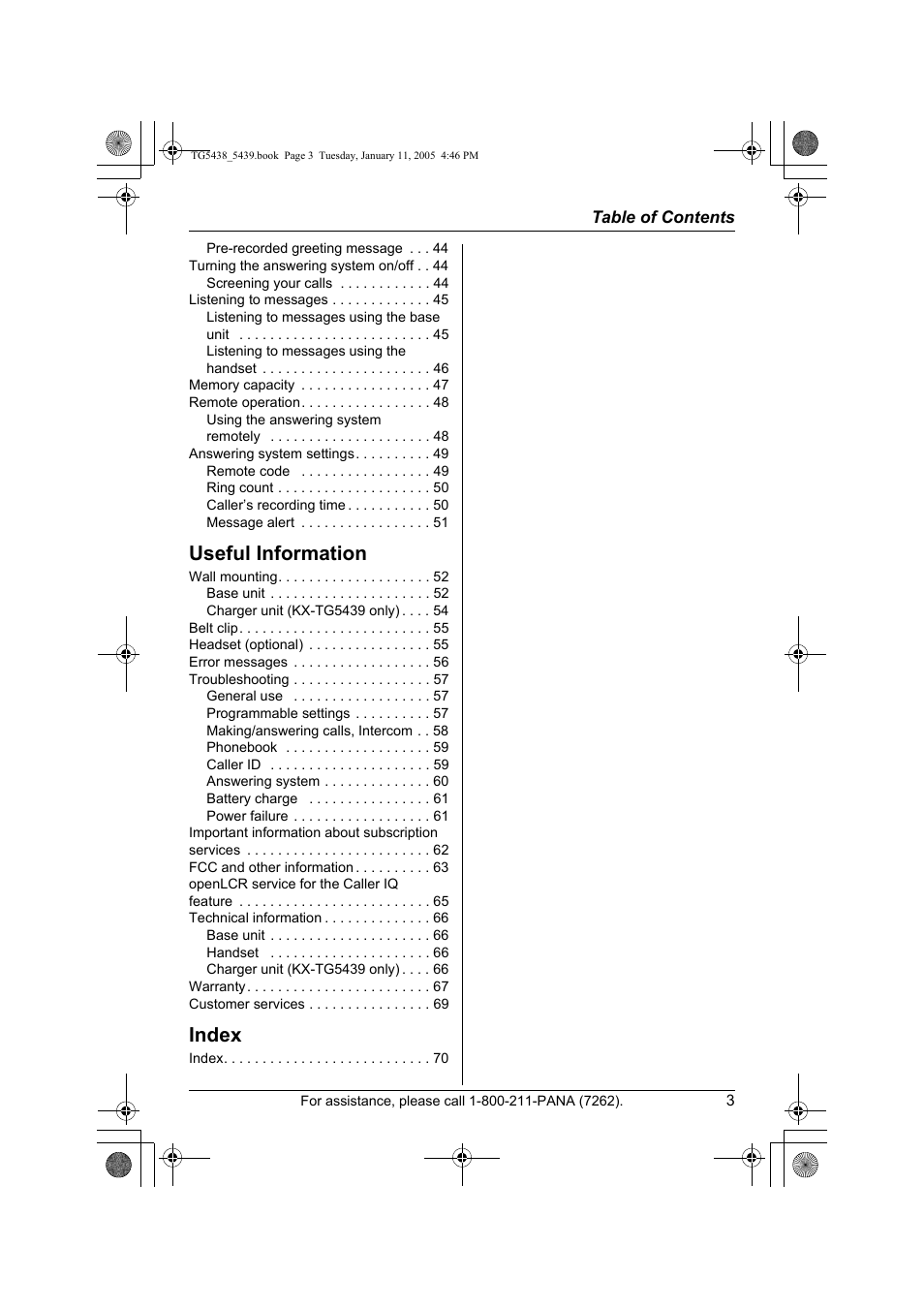 Useful information, Index | Panasonic KX-TG5438 User Manual | Page 3 / 72