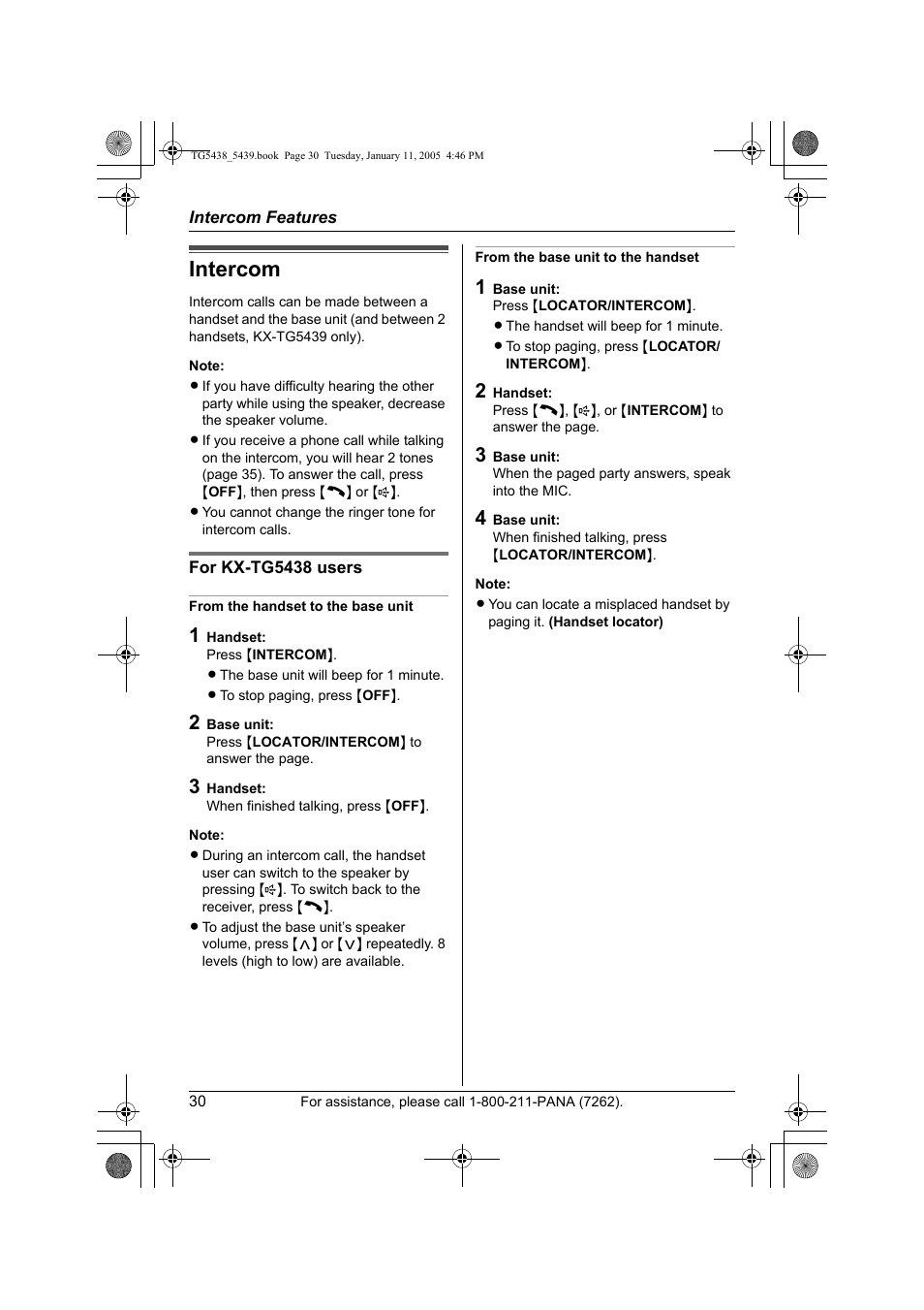 Intercom features, Intercom | Panasonic KX-TG5438 User Manual | Page 30 / 72