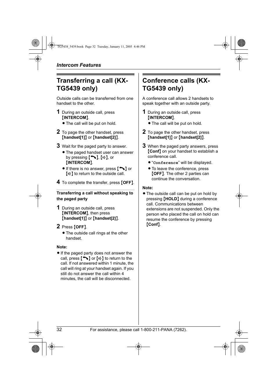 Transferring a call (kx-tg5439 only), Conference calls (kx-tg5439 only), Transferring a call (kx- tg5439 only) | Conference calls (kx- tg5439 only) | Panasonic KX-TG5438 User Manual | Page 32 / 72