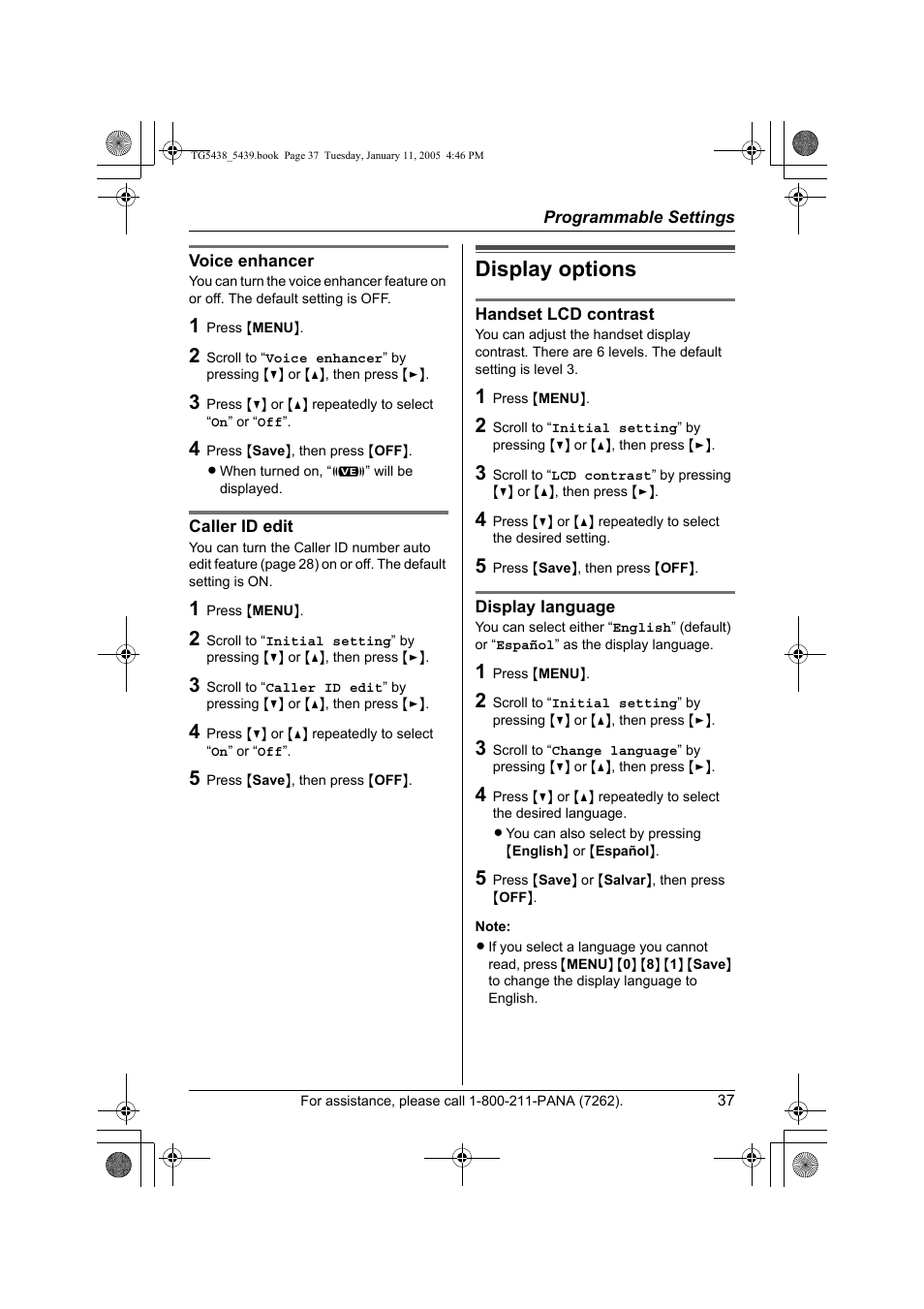 Display options | Panasonic KX-TG5438 User Manual | Page 37 / 72