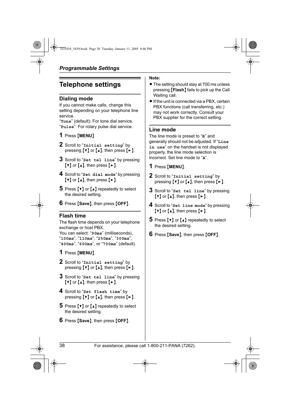 Telephone settings | Panasonic KX-TG5438 User Manual | Page 38 / 72