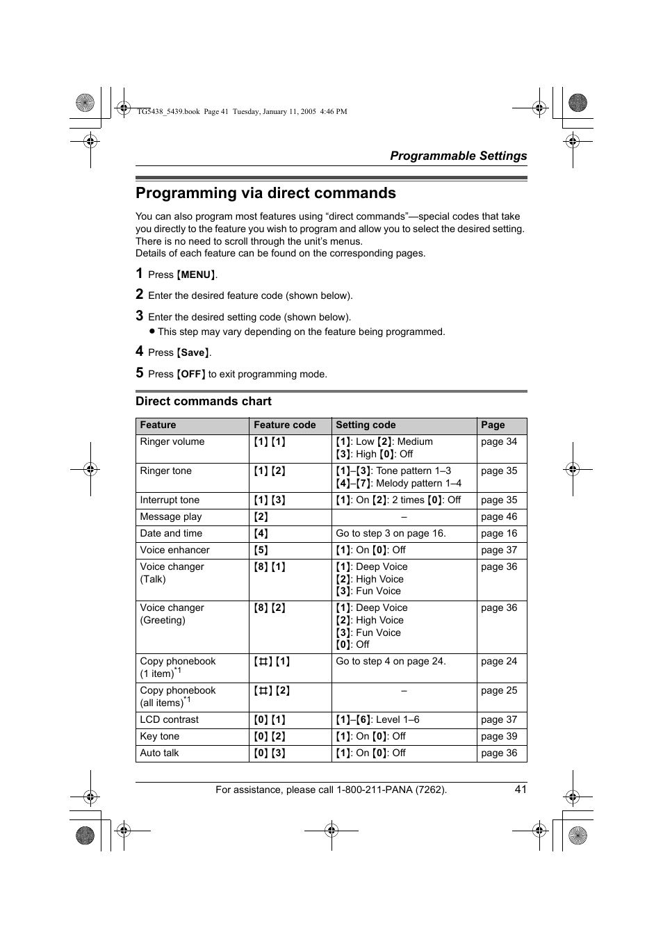 Programming via direct commands | Panasonic KX-TG5438 User Manual | Page 41 / 72