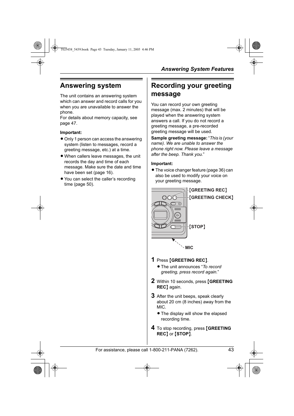 Answering system features, Answering system, Recording your greeting message | Panasonic KX-TG5438 User Manual | Page 43 / 72