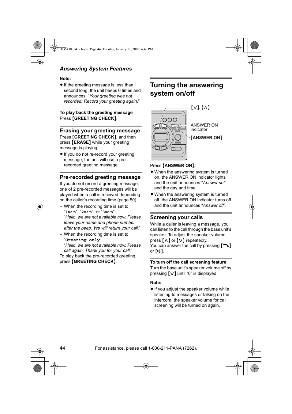 Turning the answering system on / off, Turning the answering system on/off | Panasonic KX-TG5438 User Manual | Page 44 / 72