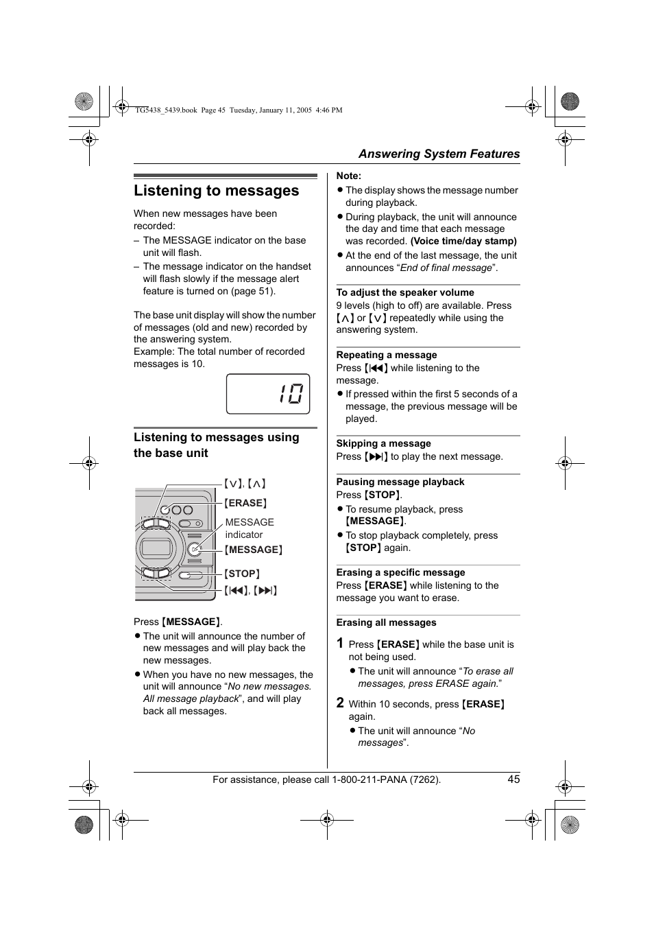 Listening to messages | Panasonic KX-TG5438 User Manual | Page 45 / 72