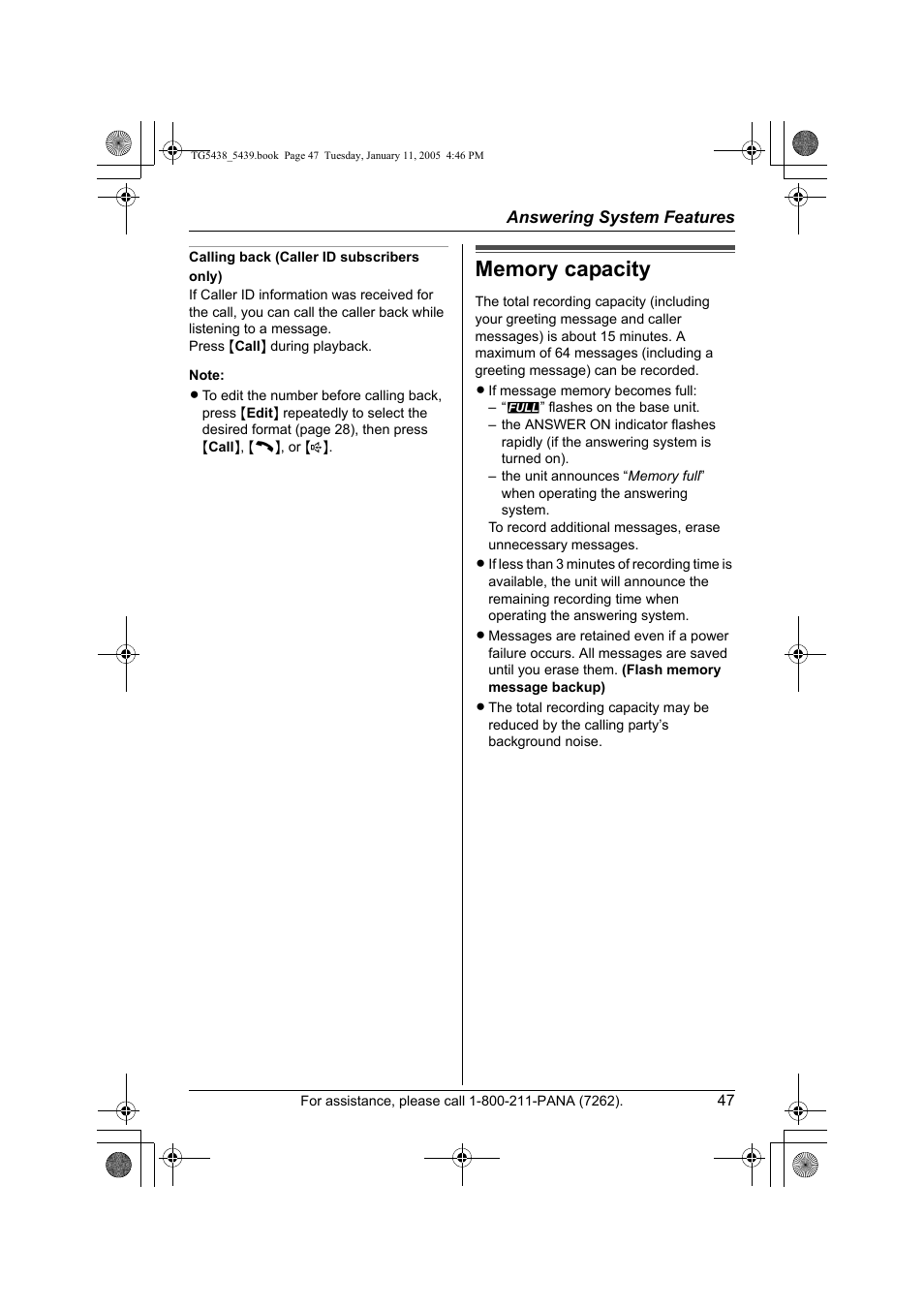 Memory capacity | Panasonic KX-TG5438 User Manual | Page 47 / 72