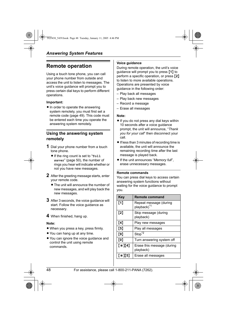 Remote operation | Panasonic KX-TG5438 User Manual | Page 48 / 72