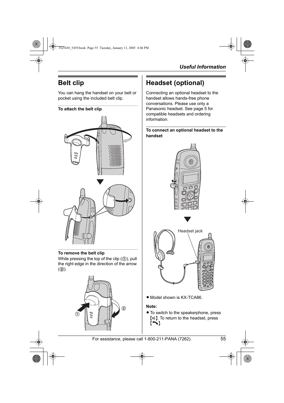 Belt clip, Headset (optional) | Panasonic KX-TG5438 User Manual | Page 55 / 72