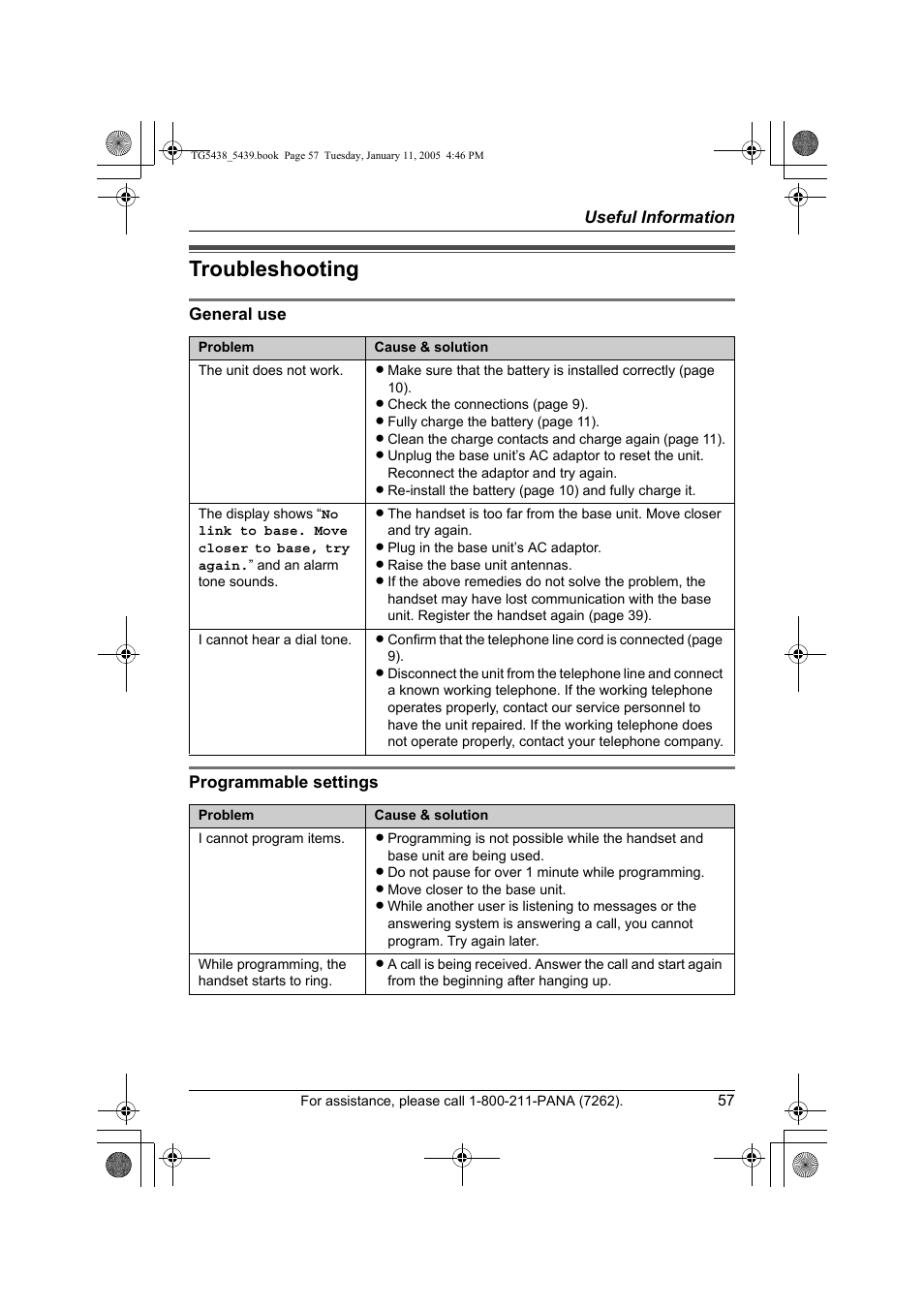 Troubleshooting | Panasonic KX-TG5438 User Manual | Page 57 / 72