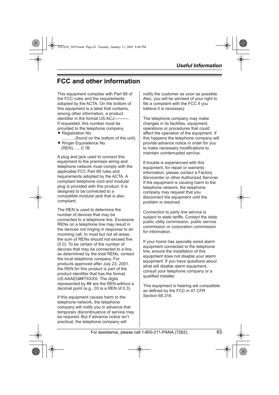 Fcc and other information | Panasonic KX-TG5438 User Manual | Page 63 / 72