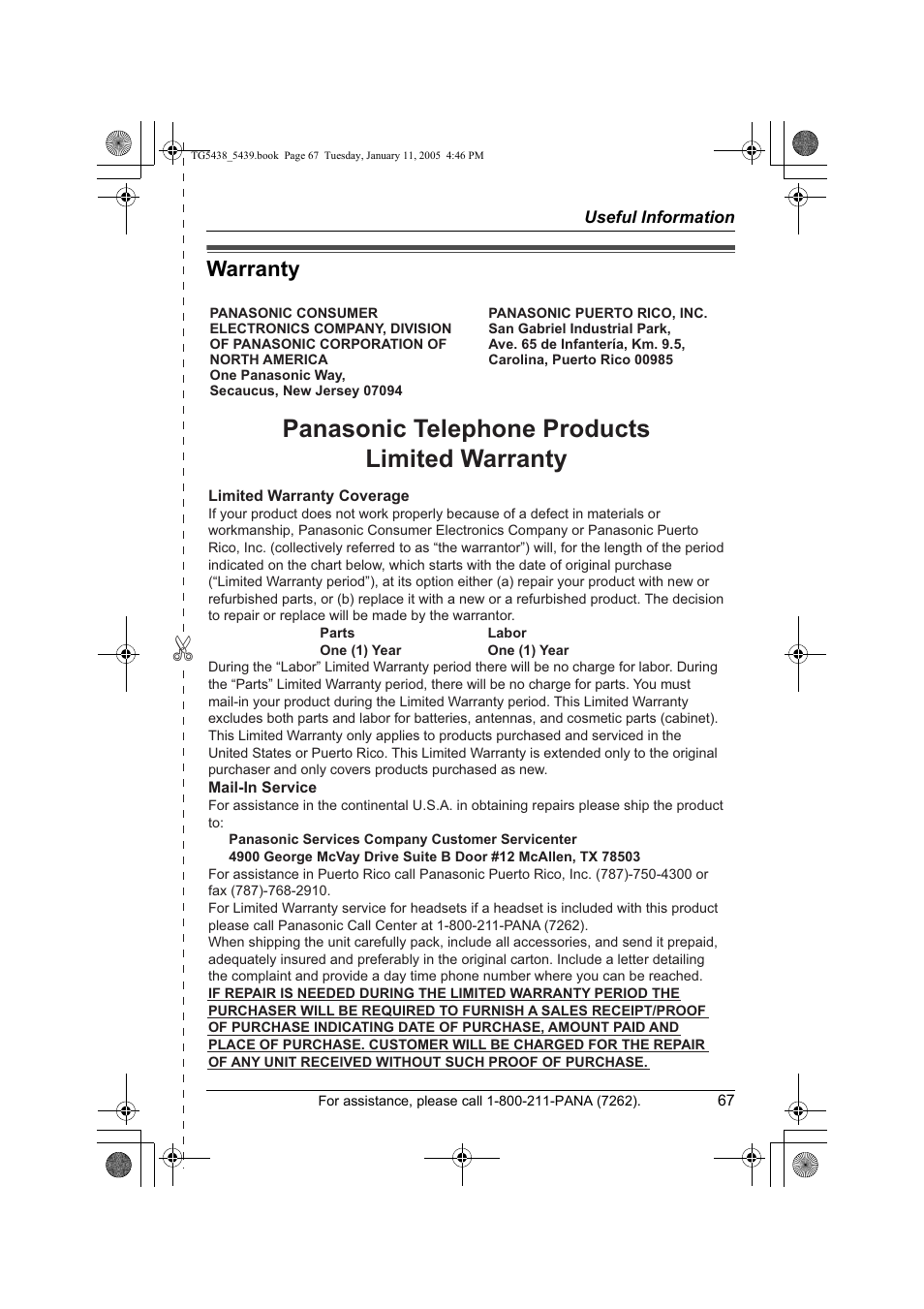 Warranty, Panasonic telephone products limited warranty | Panasonic KX-TG5438 User Manual | Page 67 / 72