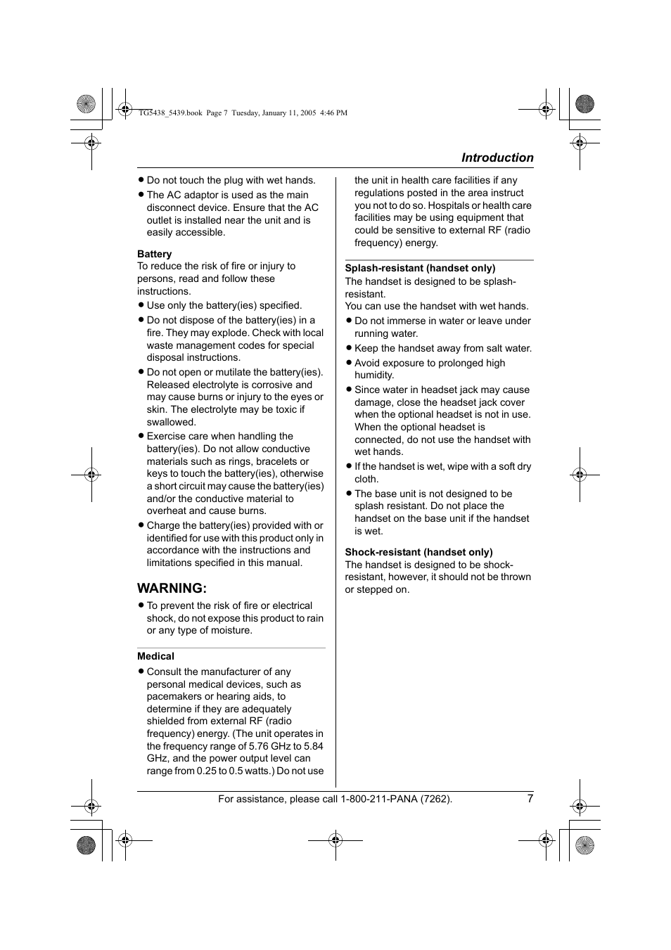 Warning | Panasonic KX-TG5438 User Manual | Page 7 / 72