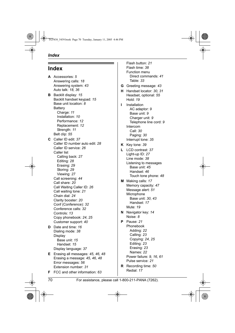 Index | Panasonic KX-TG5438 User Manual | Page 70 / 72