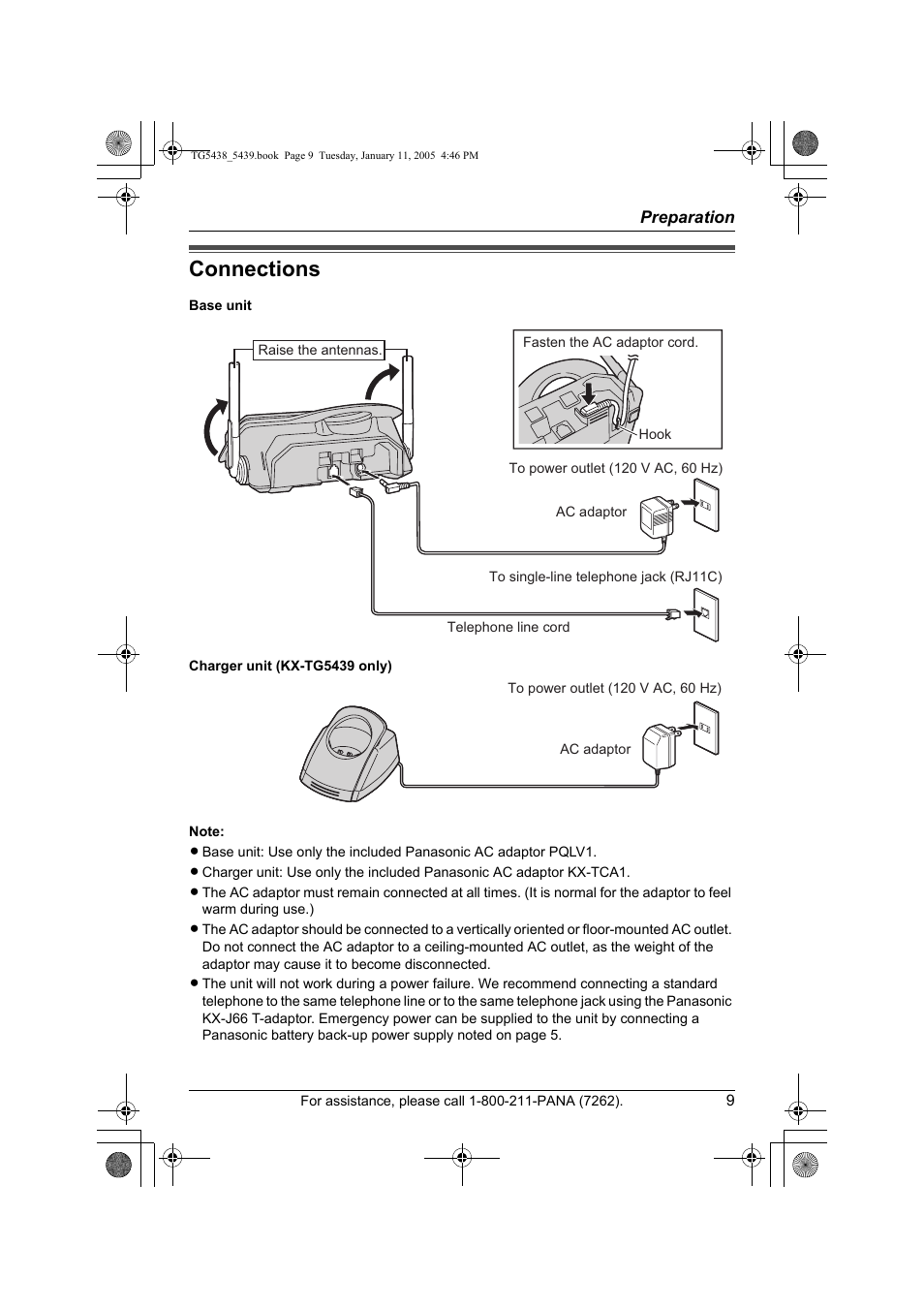 Preparation, Connections | Panasonic KX-TG5438 User Manual | Page 9 / 72