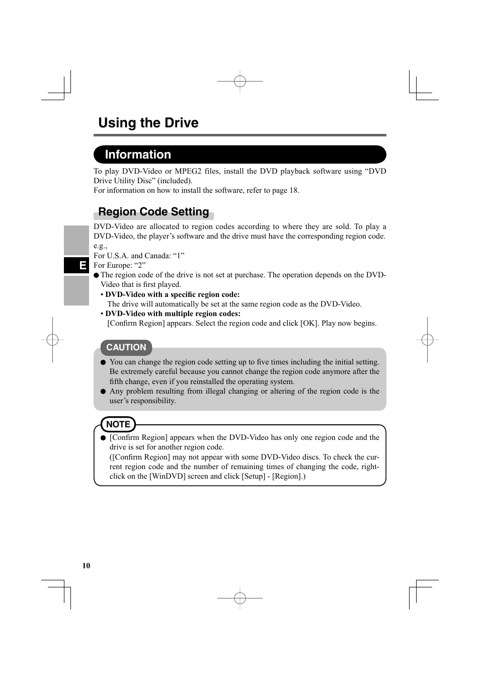 Using the drive, Information, Region code setting | Panasonic CF-VDR301U User Manual | Page 10 / 80