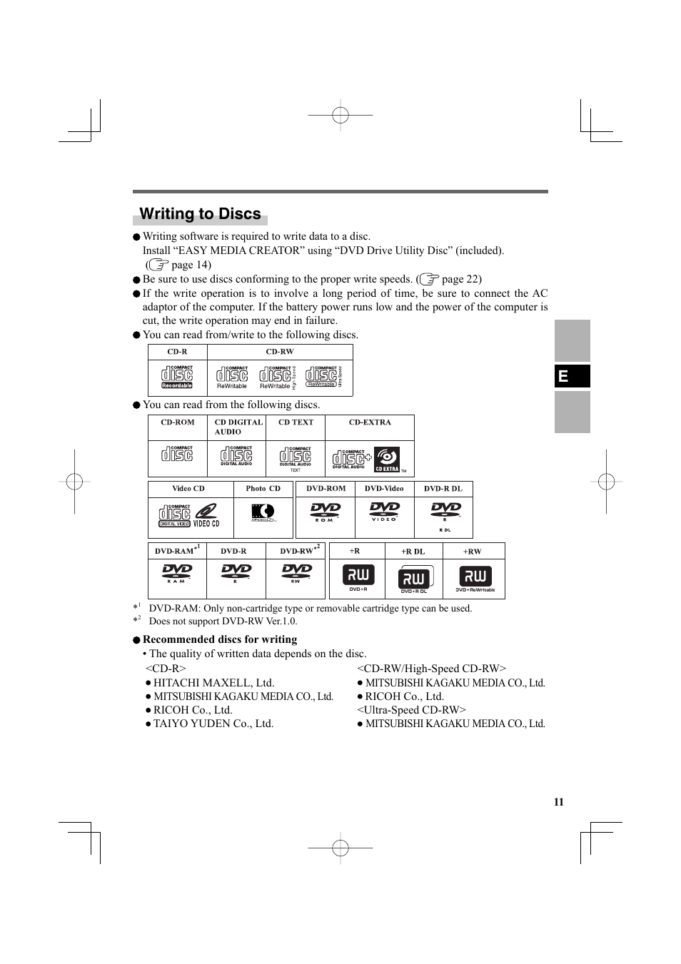 Ewriting to discs | Panasonic CF-VDR301U User Manual | Page 11 / 80