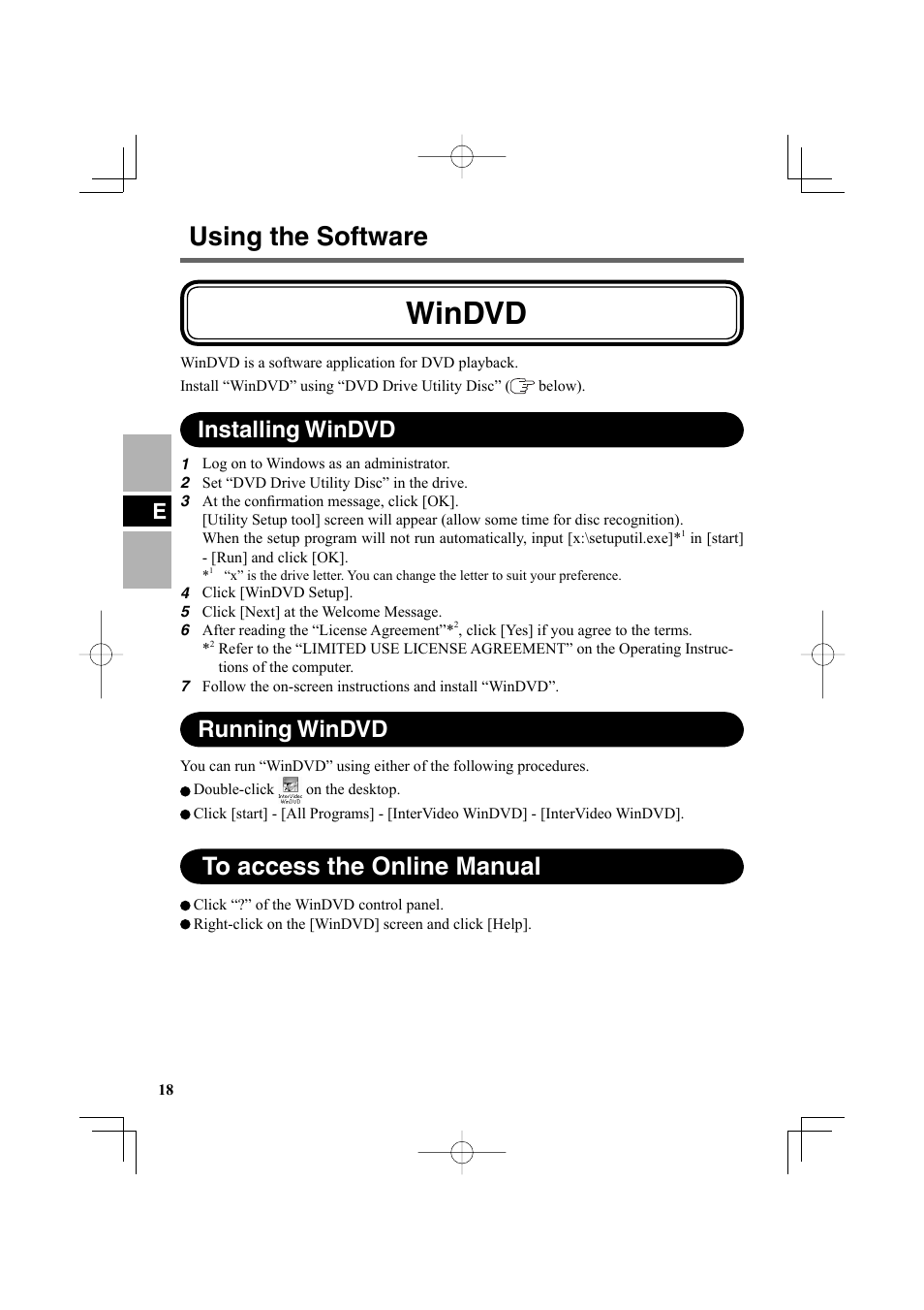 Windvd, Using the software, Running windvd | Installing windvd | Panasonic CF-VDR301U User Manual | Page 18 / 80